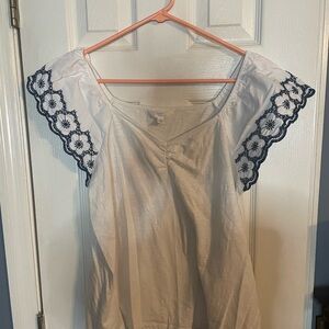 White Blouse with Navy Embroidered Sleeves